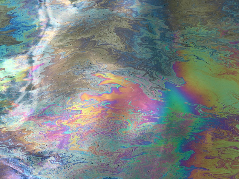 A rainbow sheen in the Gulf of Mexico in 2011 from the downed Taylor Energy platform. Oil has been leaking from it since 2004.