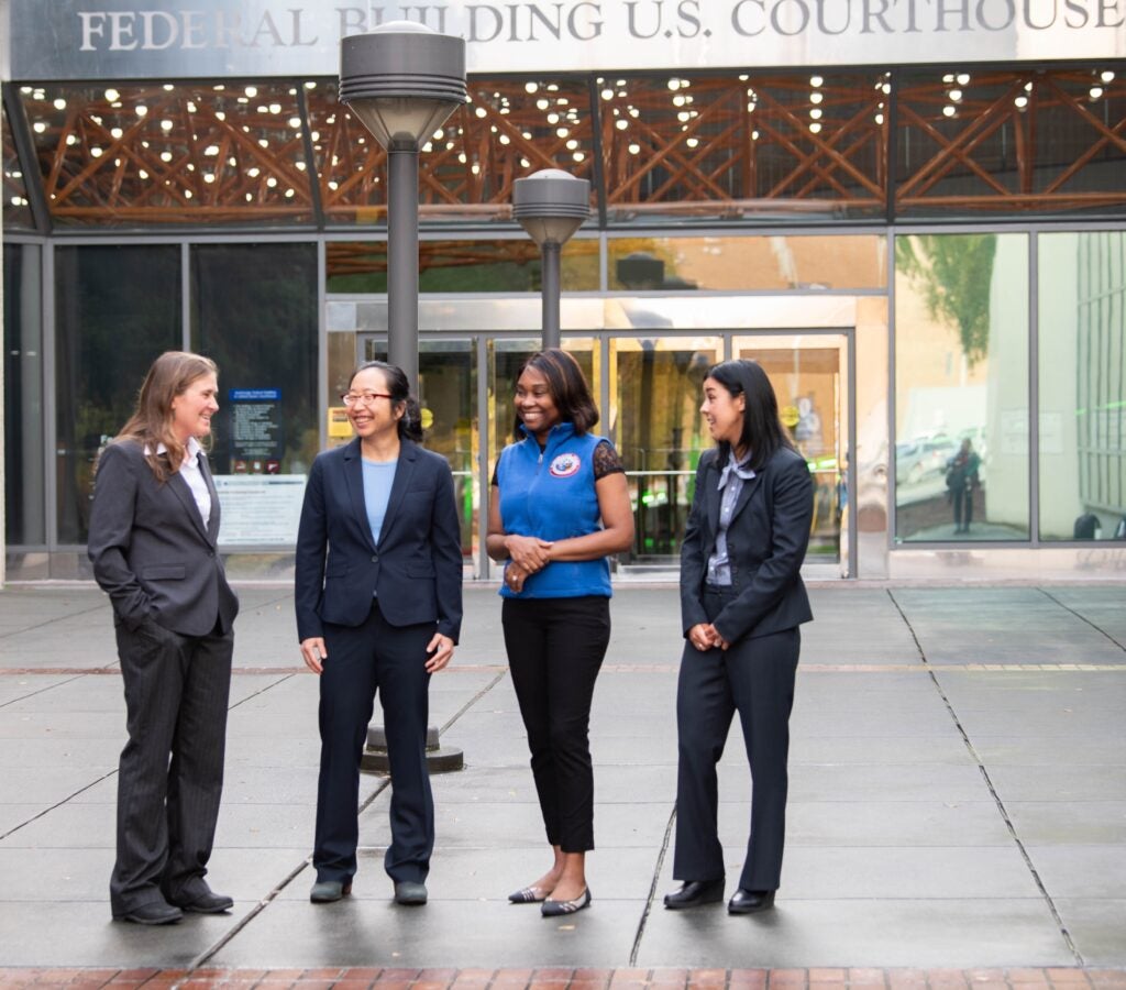 Earthjustice Senior Attorney Kate Glover, Earthjustice Senior Attorney Maile Tavepholjalern, Association of Village Council Presidents General Counsel Coralette Waite and Earthjustice Senior Attorney Charisse Arce following an oral argument in U.S. District Court in Anchorage, Alaska. 