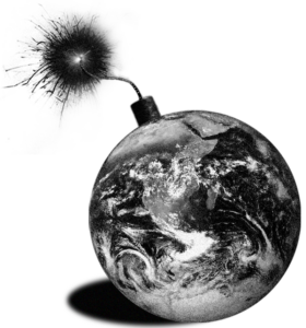 Black and white graphic of the globe with a lit fuse at the top.