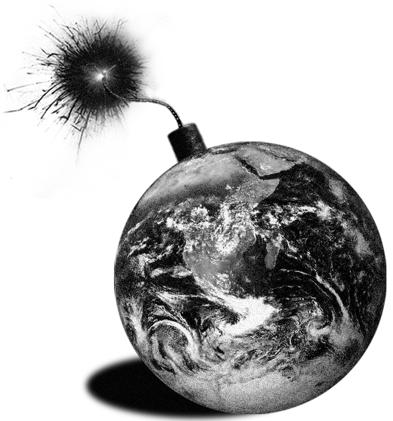 Black and white graphic of the globe with a lit fuse at the top.