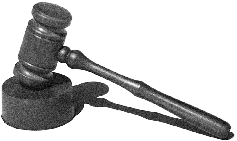 Black and white graphic of a courthouse gavel, resting on a sound block.