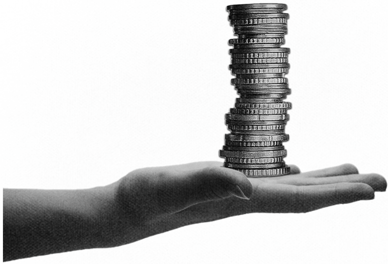 Graphic of an open right hand, palm up, with a tall stack of coins balanced between the palm and fingers.