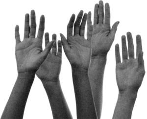 Black and white graphic of five raised arms, closely grouped together, with palms facing the viewer.