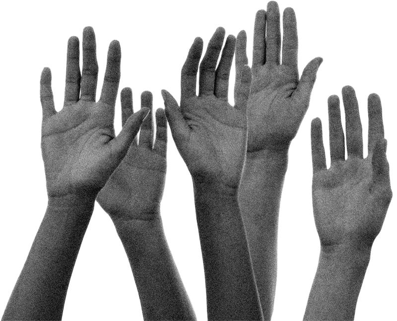 Black and white graphic of five raised arms, closely grouped together, with palms facing the viewer.