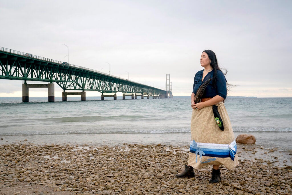 Whitney Gravelle, the president of the Bay Mills Indian Community, photographed in Mackinaw City, Michigan, near where the Line 5 pipeline runs under the Straits of Mackinac. (Sarah Rice for Earthjustice)

