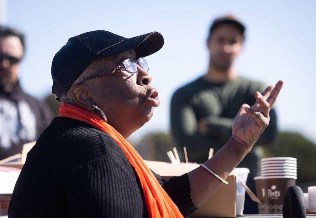 Ms. Margaret Gordon of the West Oakland Environmental Indicators Project speaks during an environmental justice caravan that visited polluted communities on the way to Sacramento to advocate for cleaner freight vehicles.