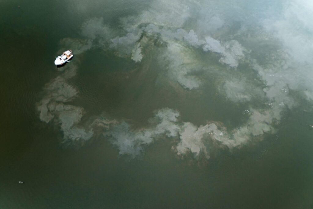 An industrial shellfish dredge boat with a trailing plume of churned-up sediment in Oyster Bay Harbor, which includes portions of the Congressman Lester Wolff Oyster Bay National Wildlife Refuge.  (Eric Gulbransen / North Oyster Bay Baymen’s Association)