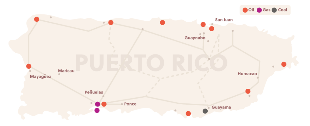 Map of Puerto Rico. Oil, gas, and coal power plants are represented by orange, purple, teal dots. The power plants flank the boundaries of the island. Solid lines and dotted lines between the power plants criss-cross the center of the island.