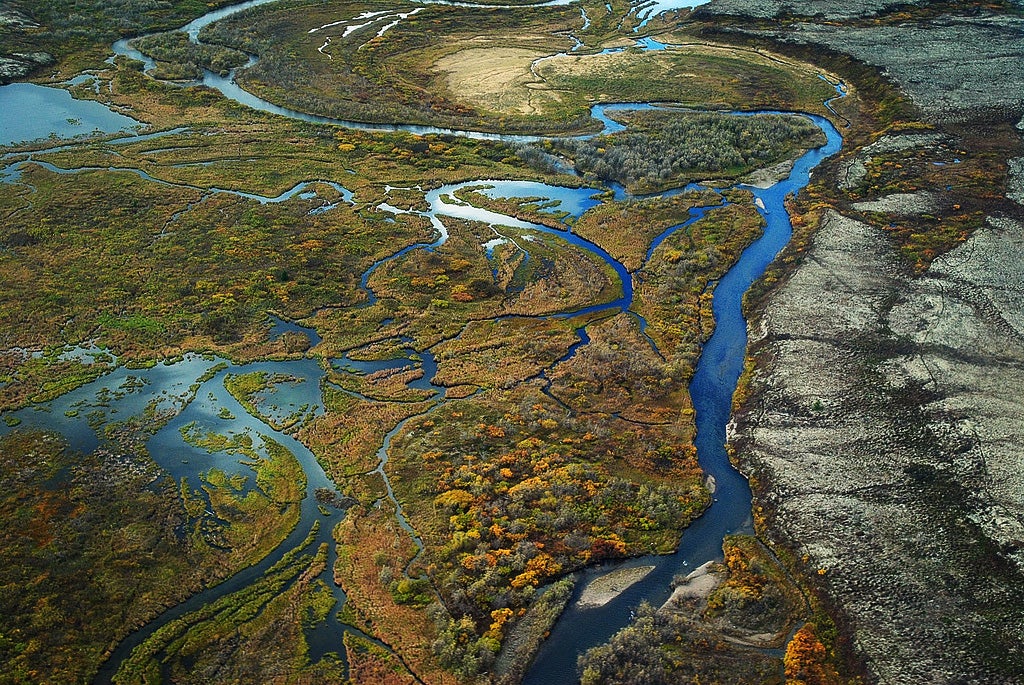 The braided wetlands and tundra of Upper Talarik Creek, flowing into Lake Iliamna and then the Kvichak River before emptying into Bristol Bay. The watershed is downstream of the Pebble deposit.