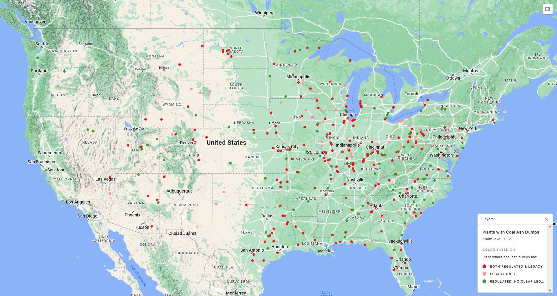 Map of coal ash dump sites across the United States.
