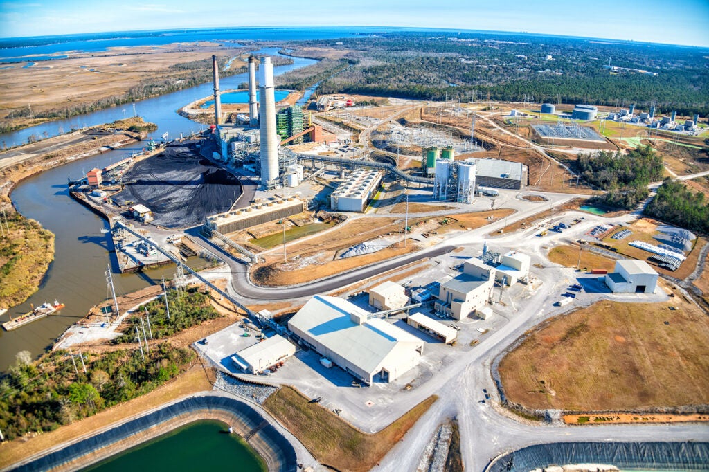Aerial view of the Gulf Energy Center, formerly the Crist Power Plant, located near Pensacola, Florida.