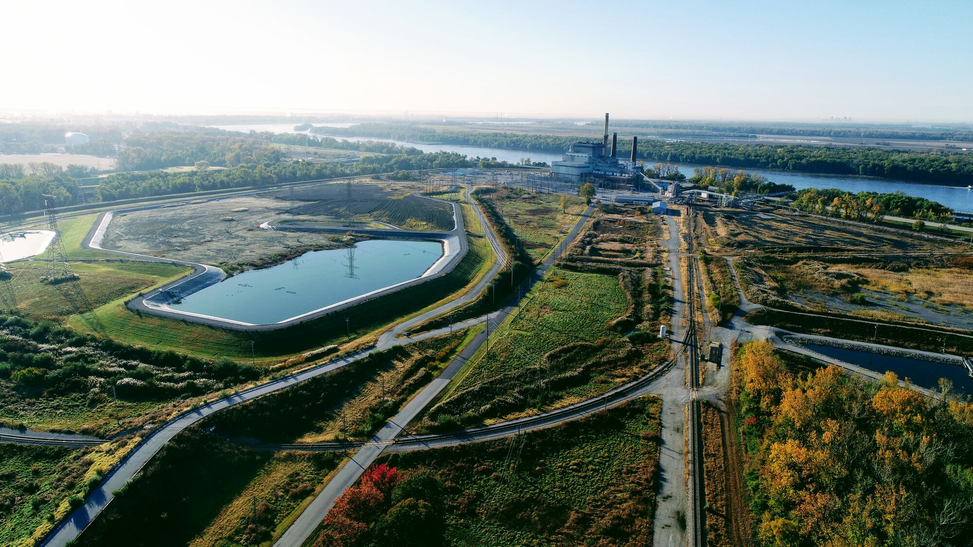 Aerial view of coal ash ponds next to the decommissioned Wood River Power Station in East Alton, Ill. in 2018. The power plant was demolished in early 2021.