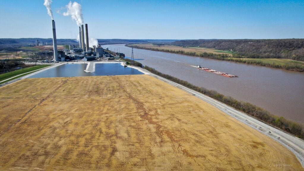 Coal ash waste storage ponds sit next to the Louisville Gas and Electric’s Mill Creek Generating Station on the Ohio River.