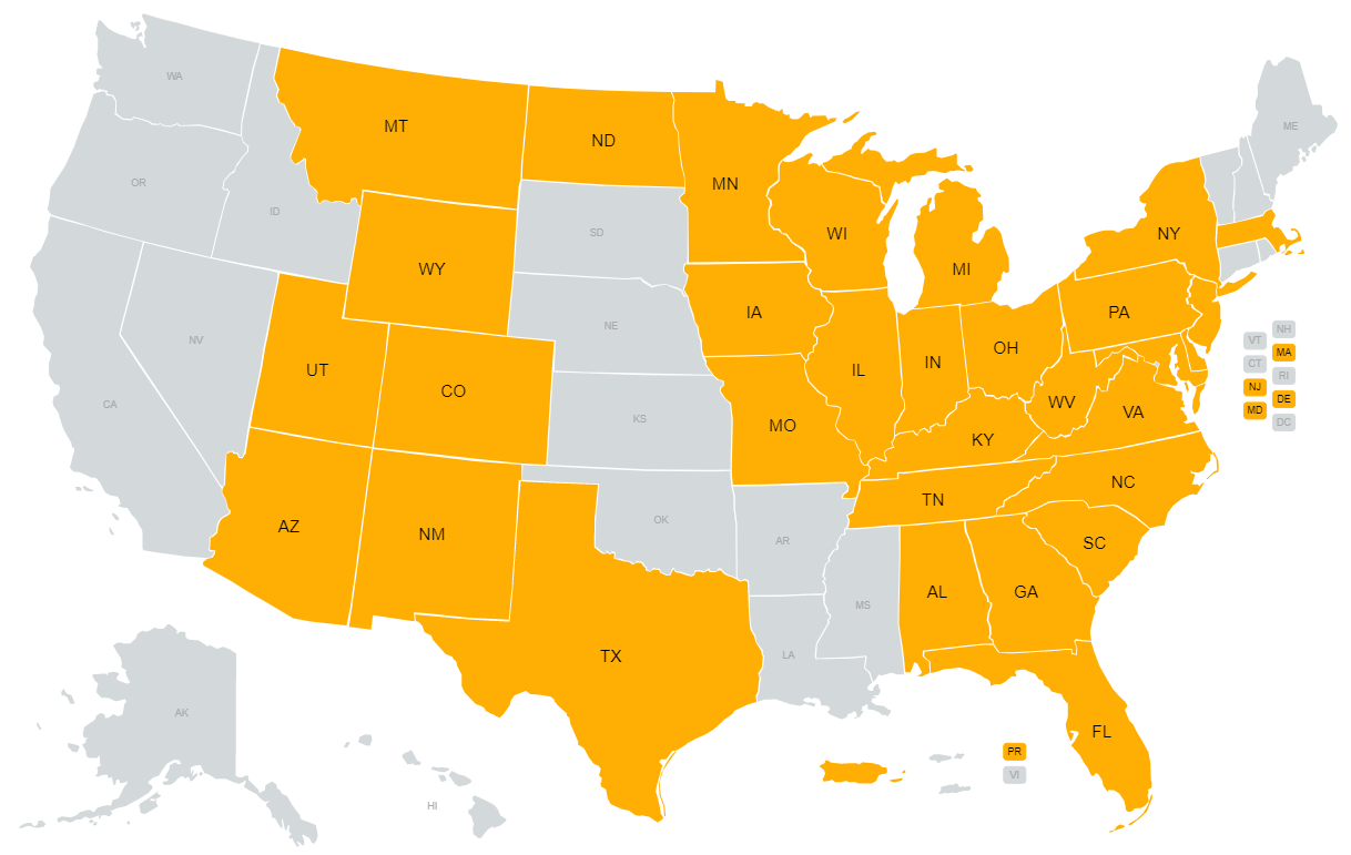 Map of the United States with 30 states and Puerto Rico highlighted. Learn about coal ash in these regions.