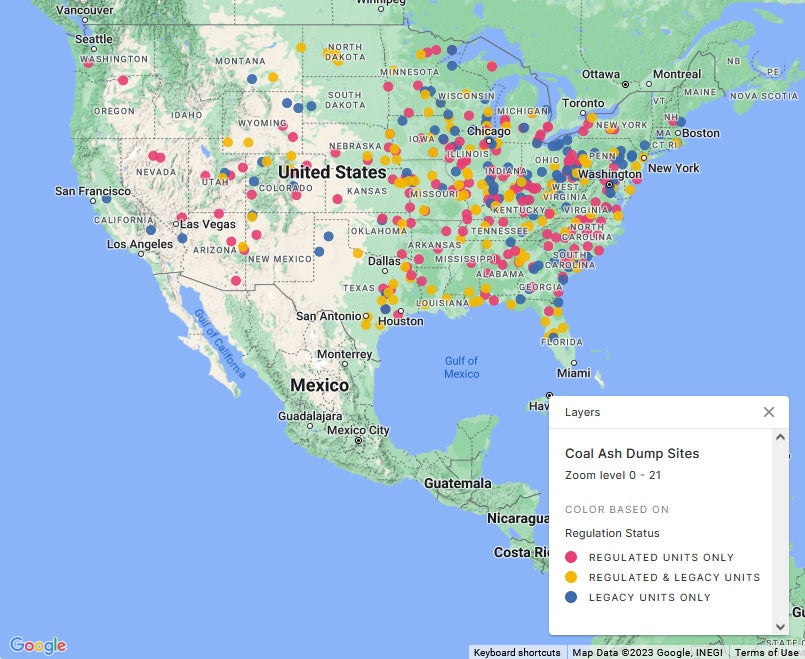 Map of coal ash dump sites across the United States.