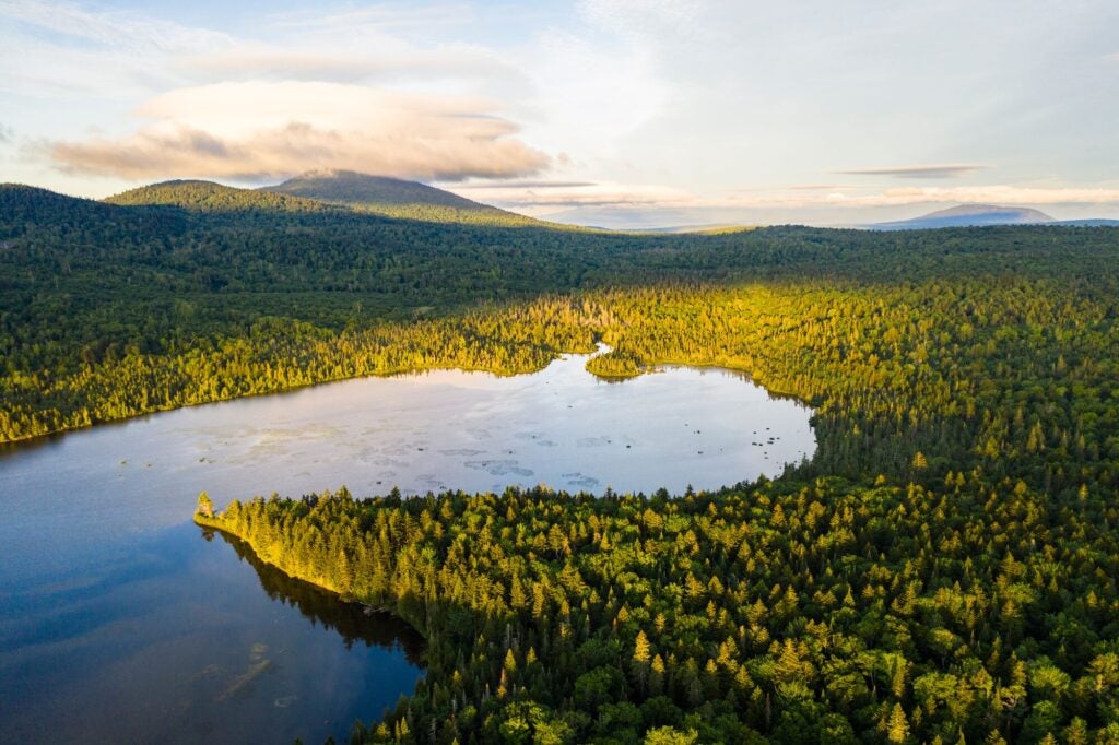 A cloud hugs the summit of Mount Chase in this aerial view of Pickett Mountain Pond in Maine's Northern Forest near the proposed site of the Wolfden mine. (J. Monkman / NRCM)