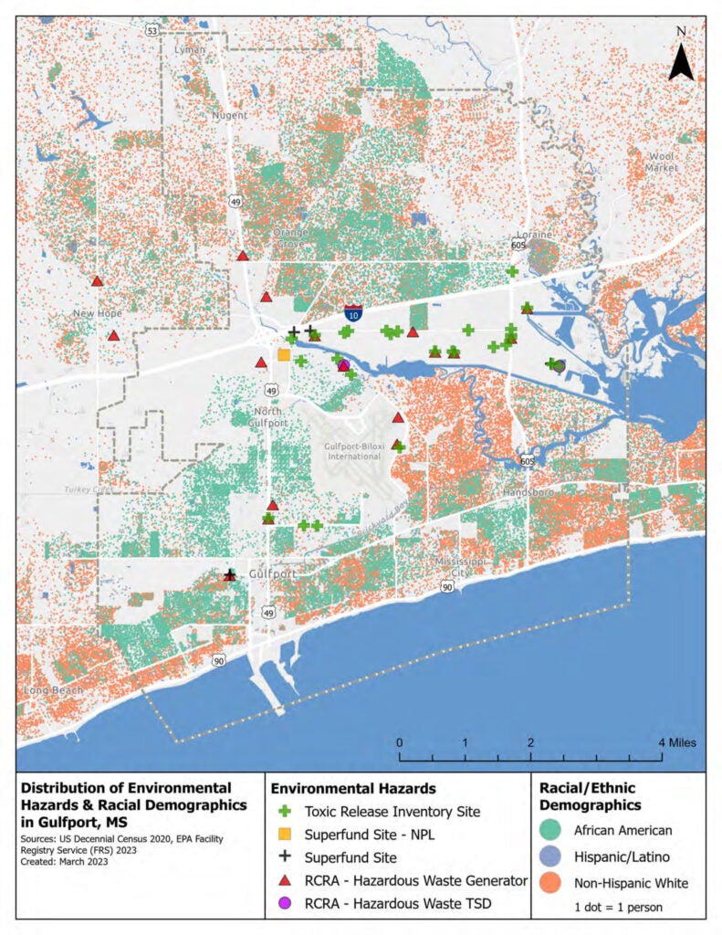 Map of Distribution of Environmental Hazards & Racial Demographics in Gulfport, MS.