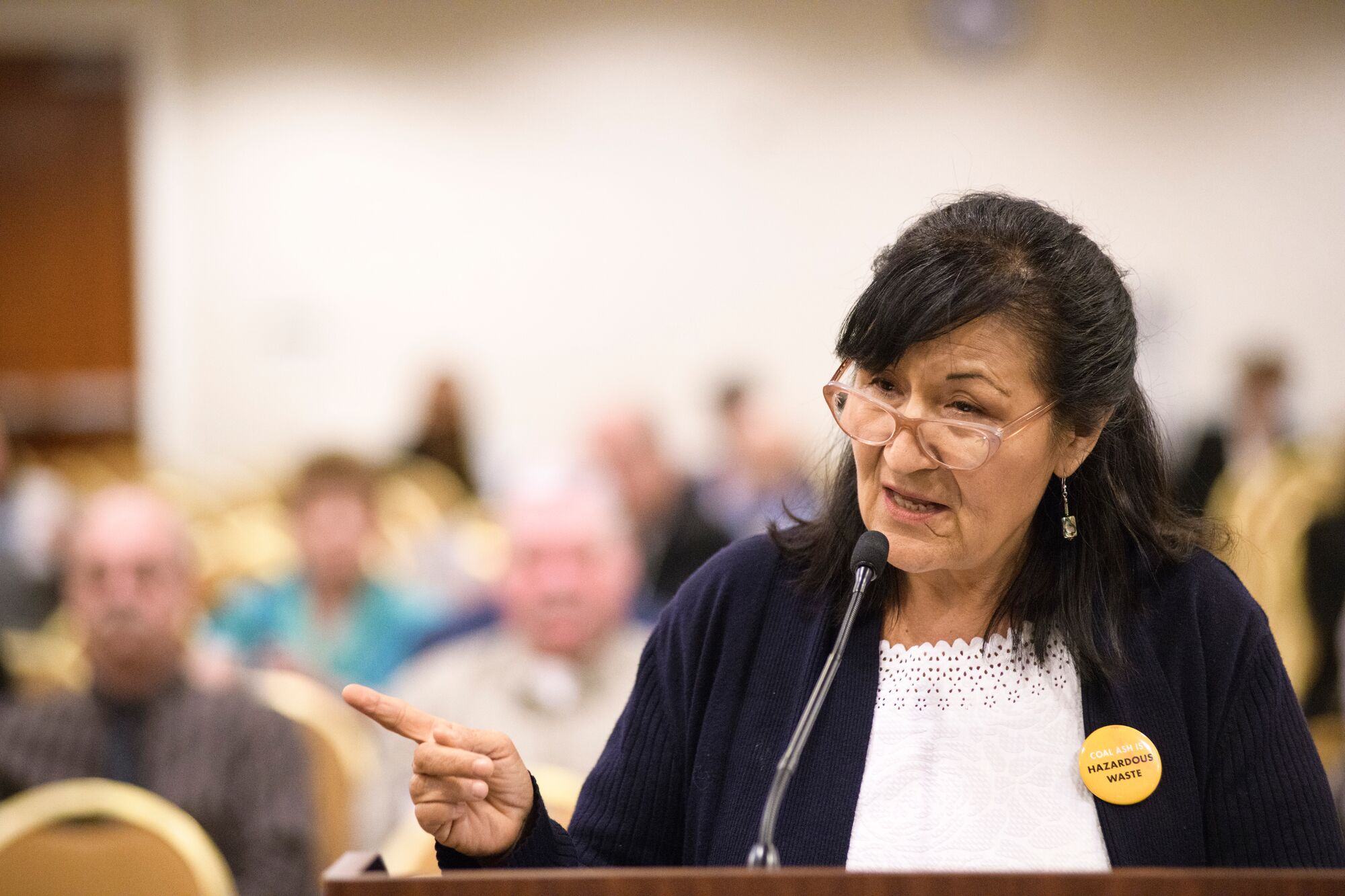 Vickie Simmons of the Moapa Band of Paiutes describes the deadly effects of coal ash on her family and neighbors, during an EPA hearing on regulating coal ash in Arlington, Virginia in 2018.