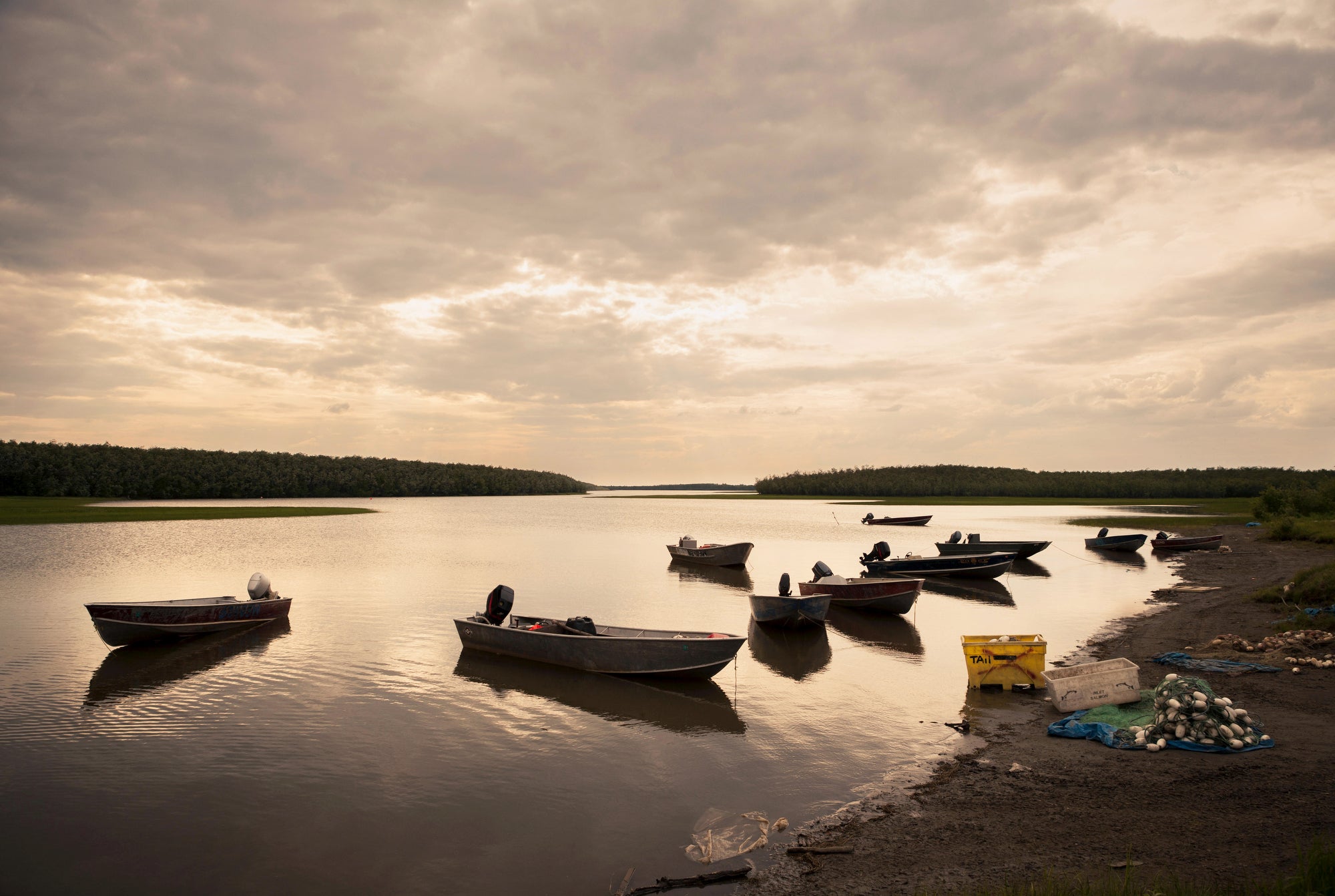 Ten small boats on the bank of the river, with no people