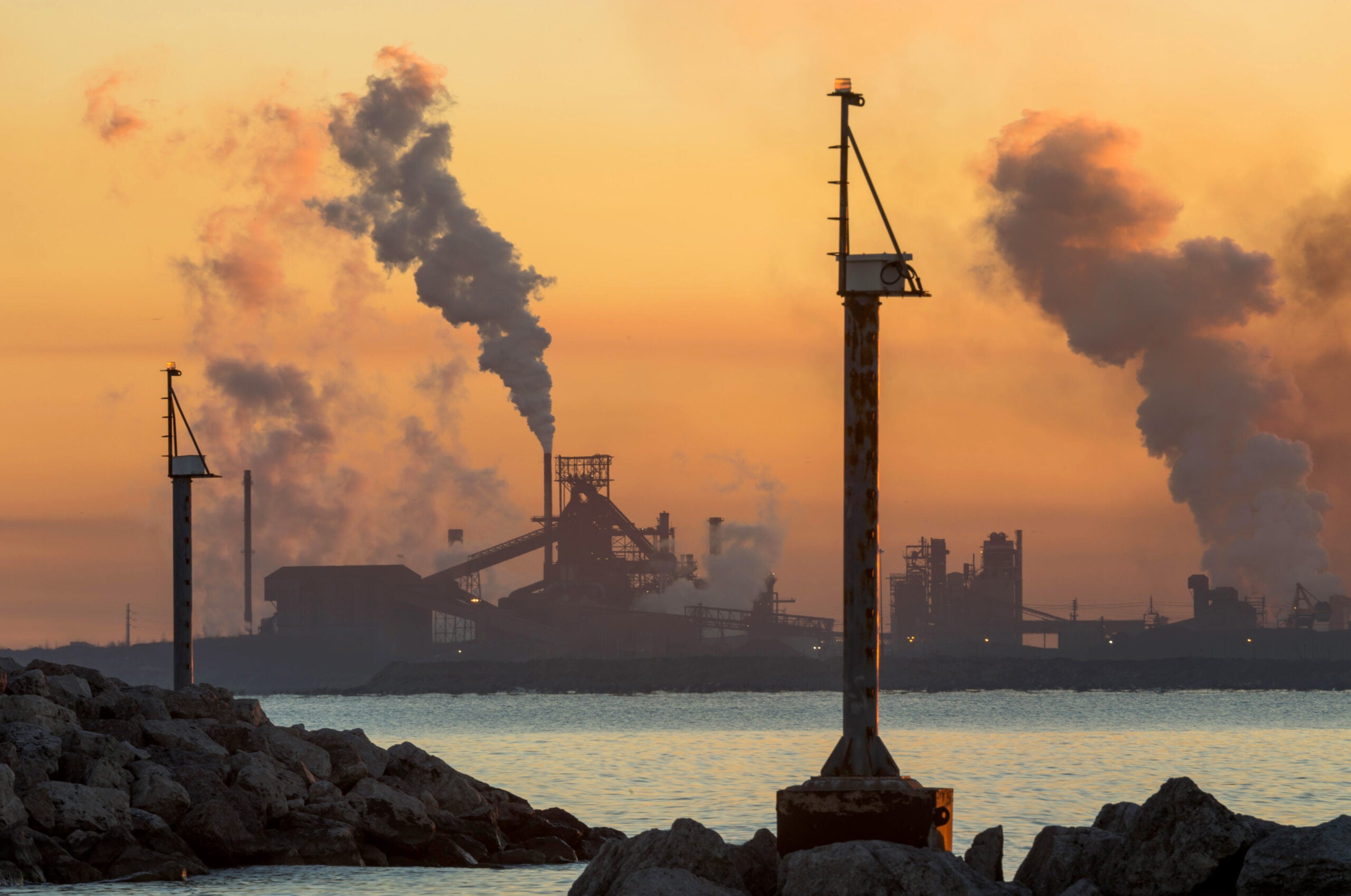 Steel mills in East Chicago, Indiana, on the shore of Lake Michigan.