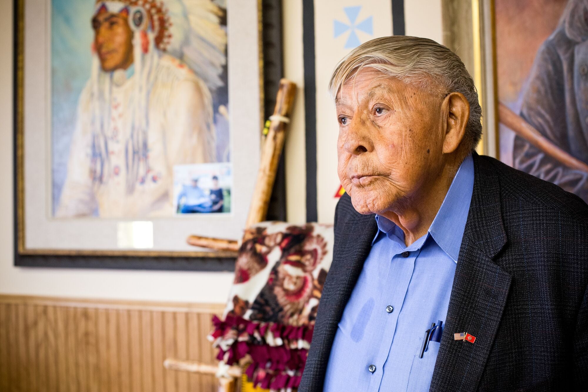 Chief Earl Old Person, in his office in downtown Browning, Montana. Elected to the Blackfeet Tribal Business Council in 1954, Chief Old Person was an impassioned ambassador for the Blackfeet Tribe for more than six decades.