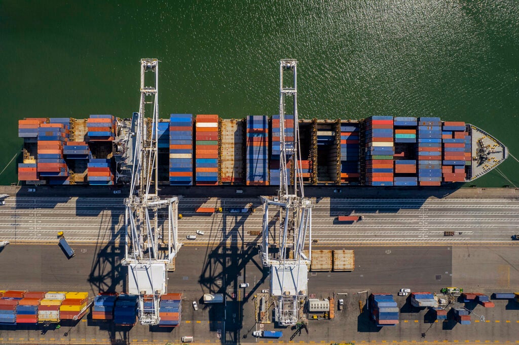 A container ship docked at the Port of Oakland in California. (Cavan Images / Getty Images)
