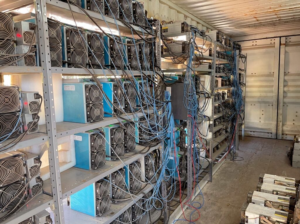 Equipment owned by Stronghold Digital Mining, Inc., used to mine cryptocurrencies and powered by the Scrubgrass Generating Plant near Kennerdell, Pennsylvania, in Venango County.