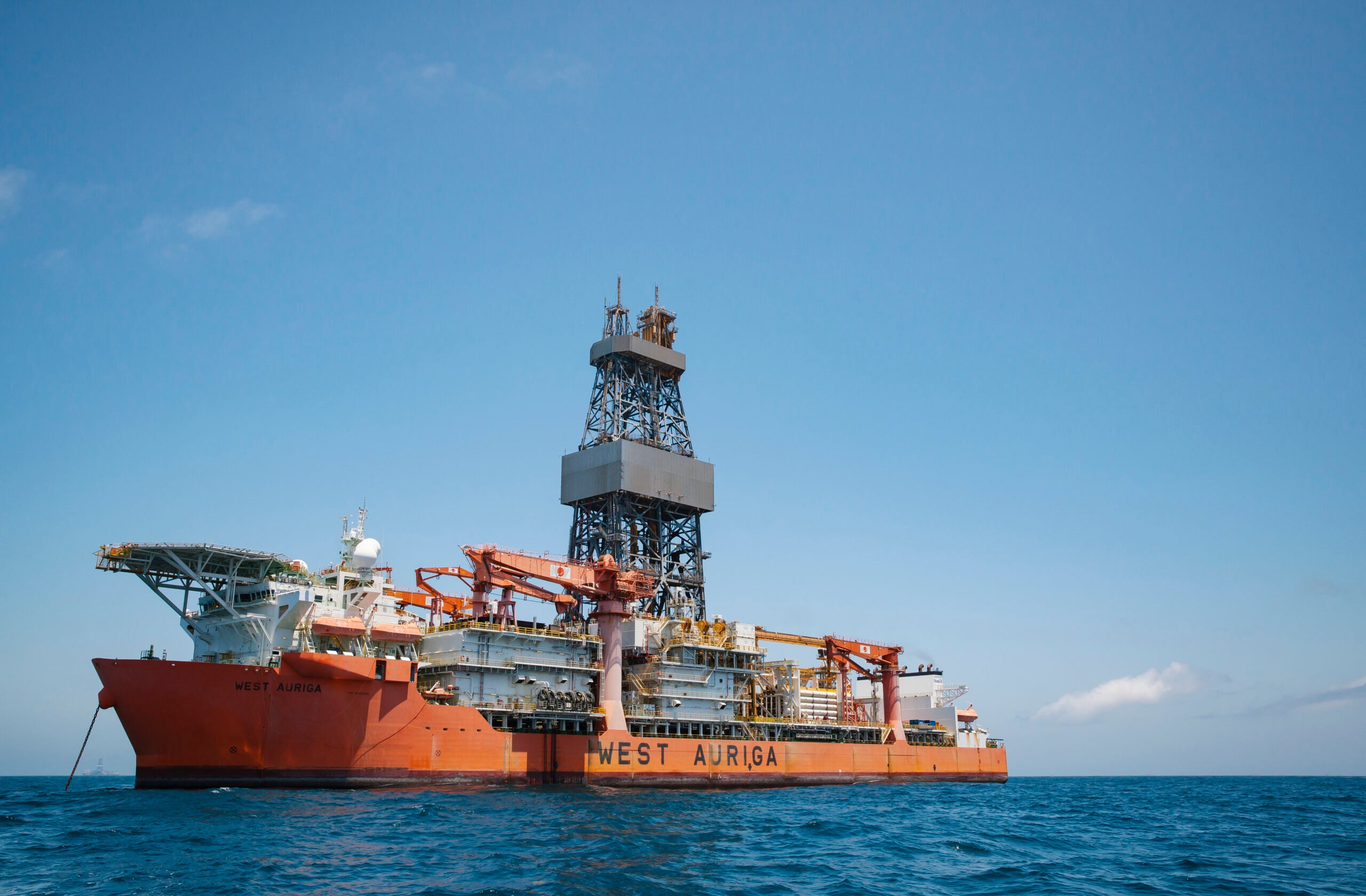 A deep water drill ship anchored in the Gulf of Mexico, off the Louisiana coast in 2021.