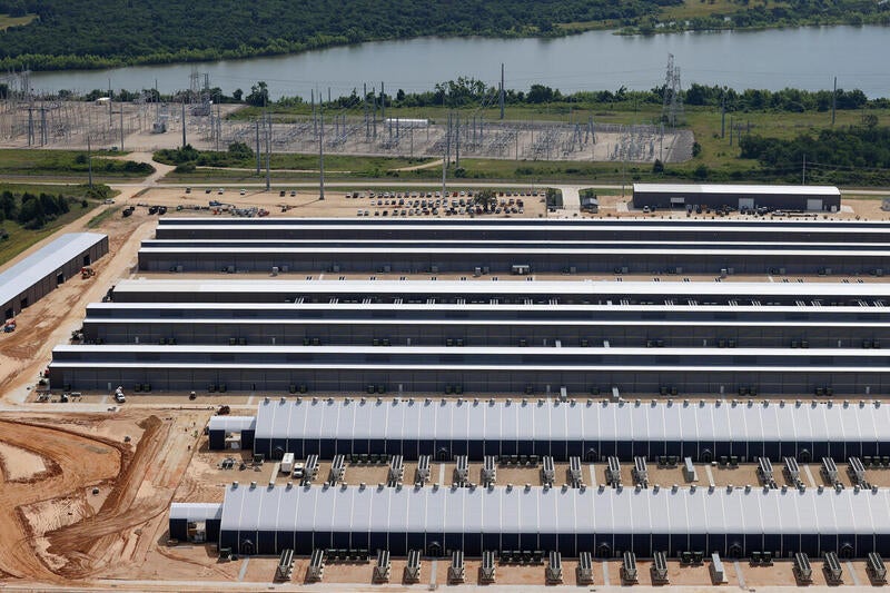 Aerial view of buildings and transmission infrastructure at Riot’s Bitcoin mining operations in Rockdale, Texas.