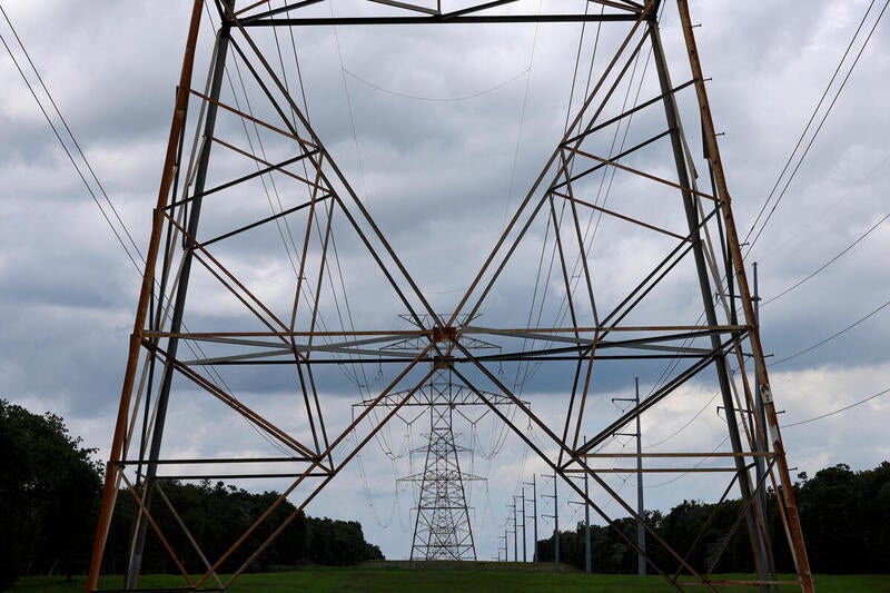 Towers for electrical line near the Riot and Bitdeer Bitcoin mining facilities in Rockdale, Texas.