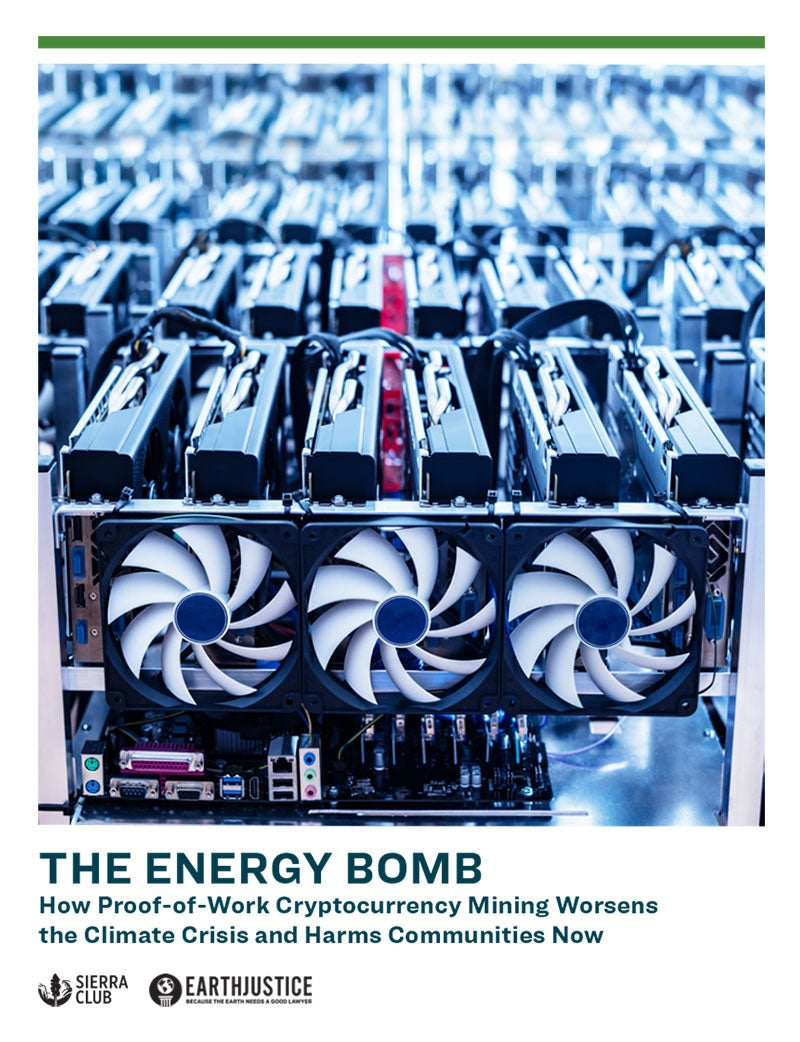 Cover of the guidebook, "The Energy Bomb: How Proof-of-Work Cryptocurrency Mining Worsens the Climate Crisis and Harms Communities Now."