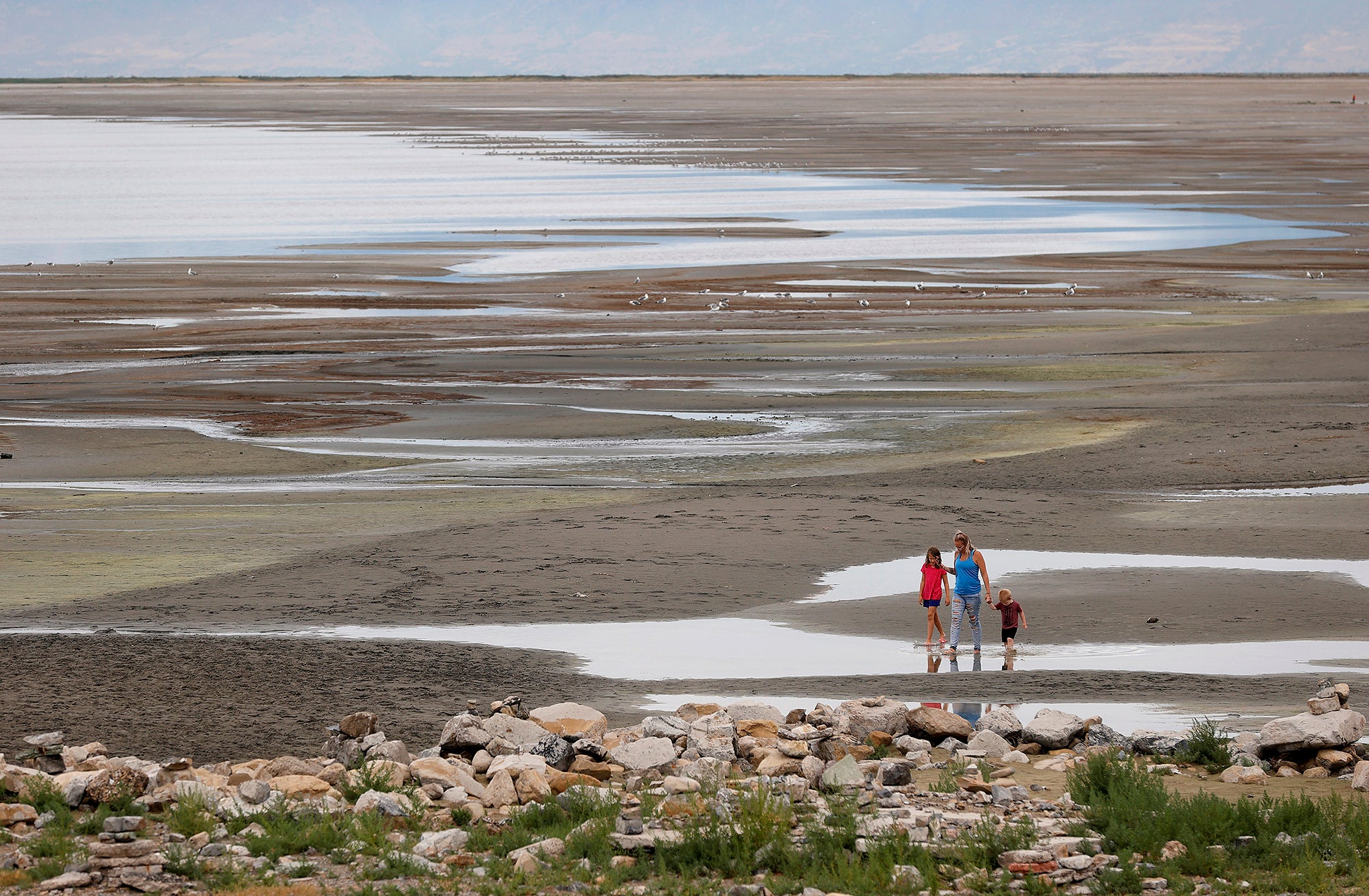 A woman and two children walk on a large beach with smaller pools of water.