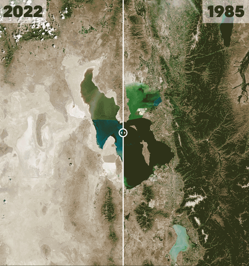 Satellite view of the Great Salt Lake in Utah in June 1985 compared to July 2022, showing significant loss in the size of the lake.