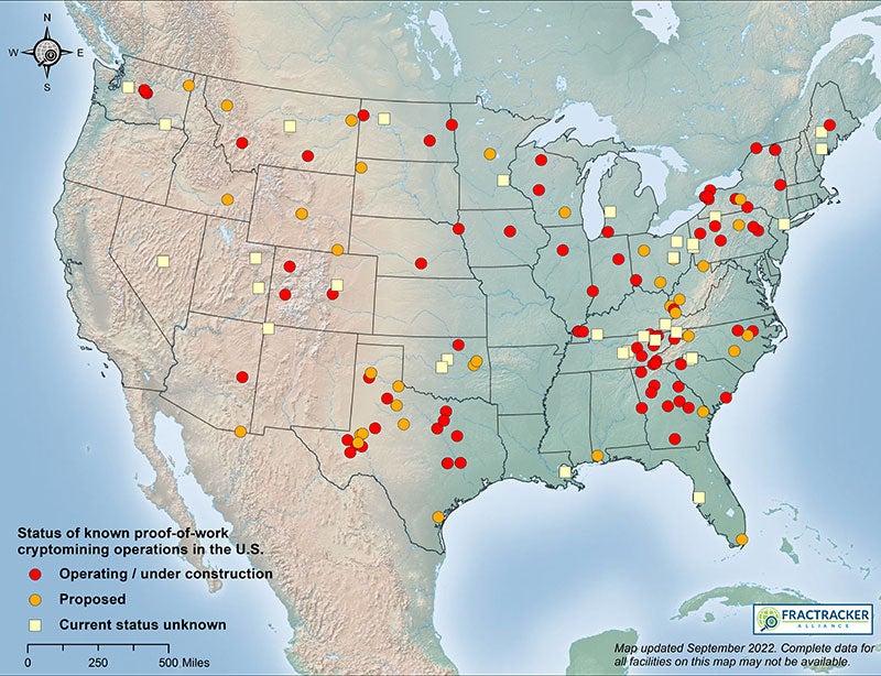 Map of known proof-of-work cryptocurrency mining operations in the United States.