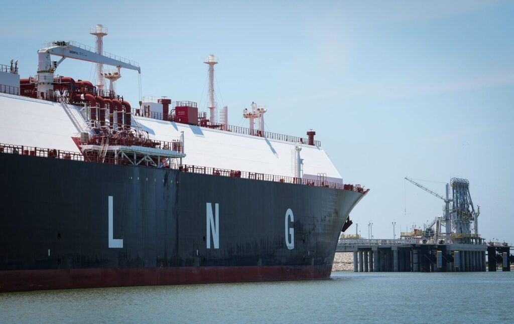 A large liquified natural gas transport ship sits docked in the Calcasieu River on Wednesday, June 7, 2023, near Cameron, Louisiana.