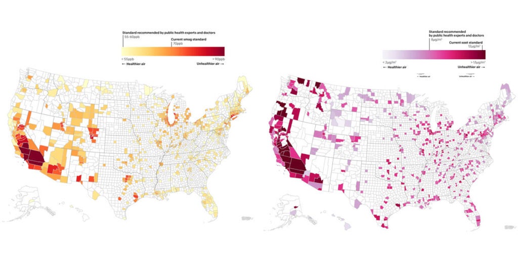 Maps of smog and soot air pollution by county in 2022. (Air Quality System Data / U.S. EPA)
