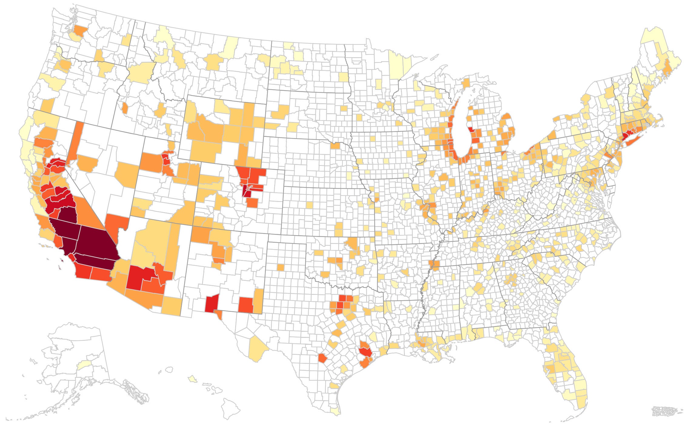 Map of smog air pollution by county in 2022.