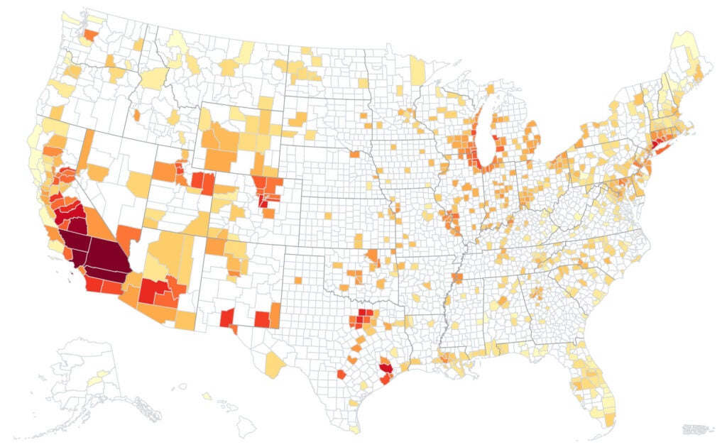 Map of smog air pollution by county in 2022.