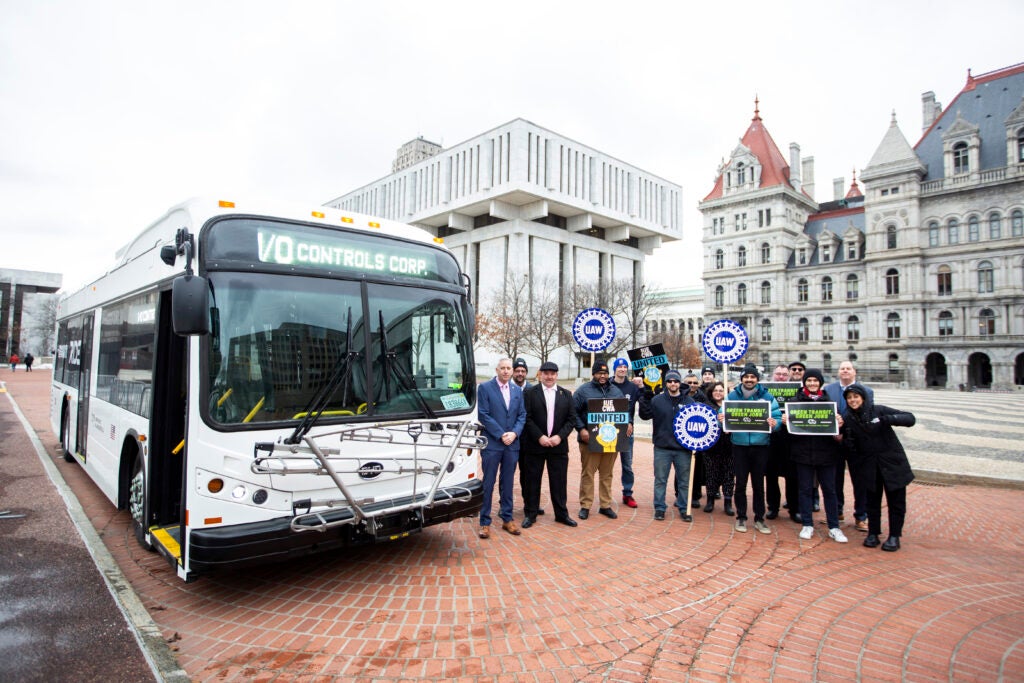 Earthjustice’s Right to Zero campaign and allies held an event in support of the Green Transit, Green Jobs bill at the New York State Capitol on Tuesday, January 30, 2024 . This critical bill will facilitate the transition to electric buses and promote good manufacturing jobs in New York State. (Patrick Dodson for Earthjustice)