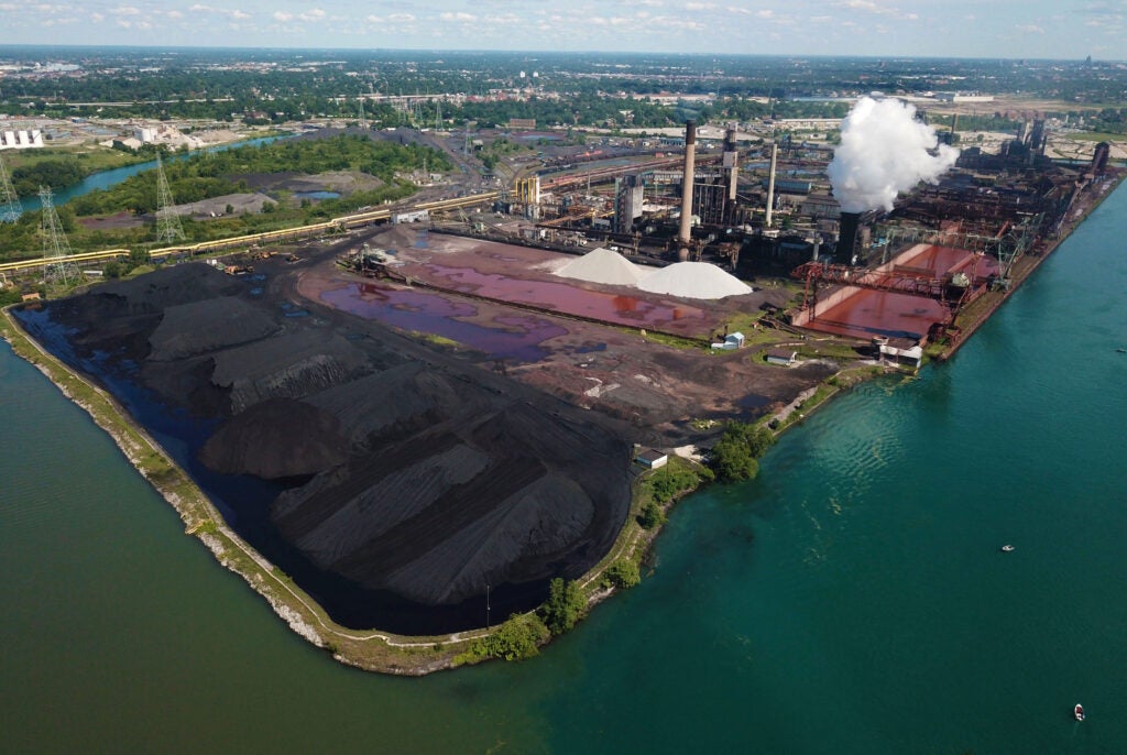 The EES Coke Battery facility on Zug Island in River Rouge, Michigan. The plant is owned by DTE Vantage, a subsidiary of DTE Energy. The EES Coke facility releases thousands of tons of sulfur dioxide in the overburdened River Rouge community and near the state’s most polluted zip code, 48217. (Ted Auch / FracTracker Alliance)..