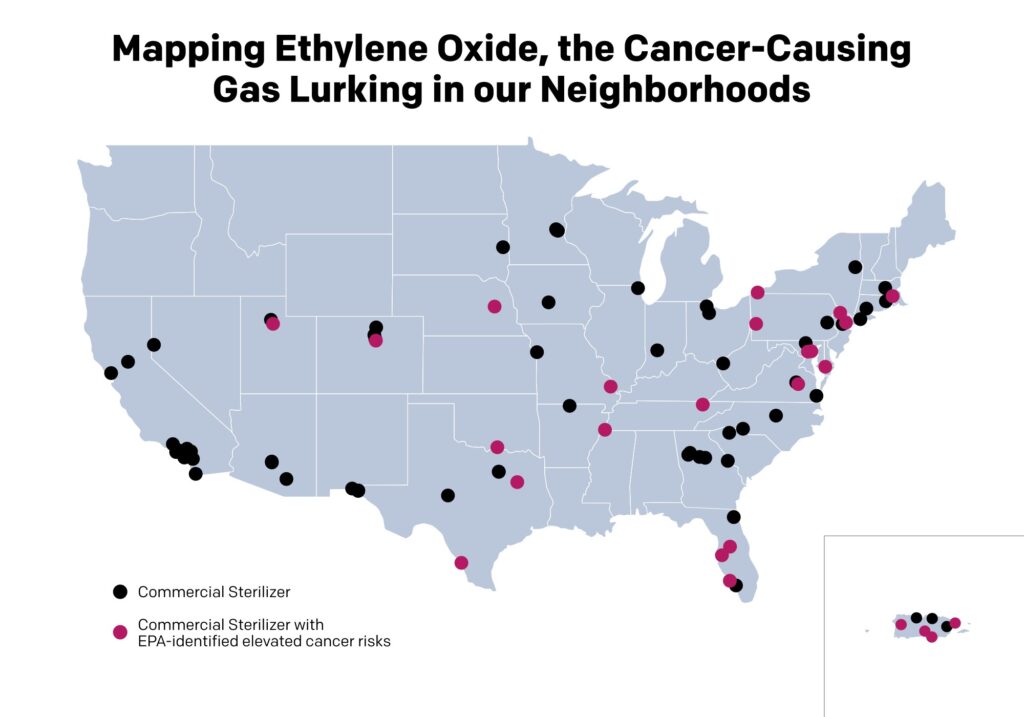 A map of the United States (lower-48 and Puerto Rico) depicting where commercial sterilizer facilities are with black dots, and which ones the EPA has flagged as high risk with red dots.
