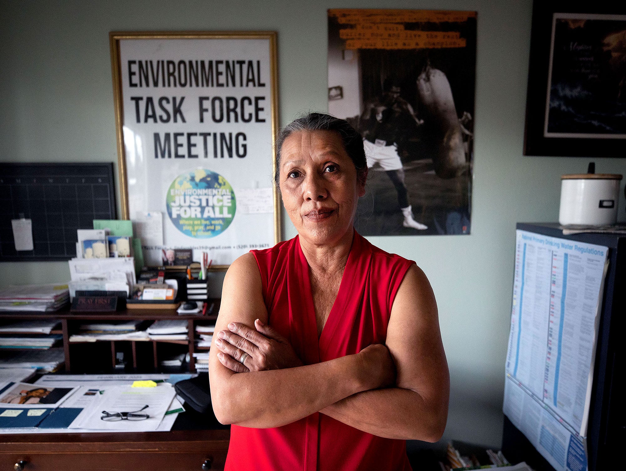 Linda stands in her home office looking at the camera with her arms crossed. A poster in the background says "Environmental Justice Task Force Meeting"
