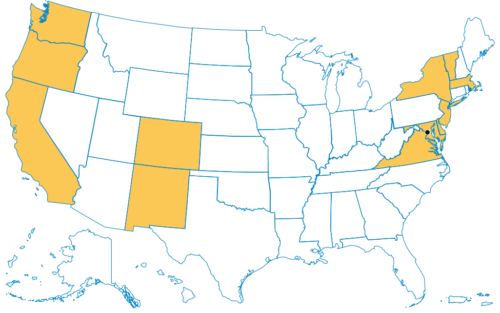Map of the United States, with states adopting the Advanced Clean Cars II regulation highlighted.