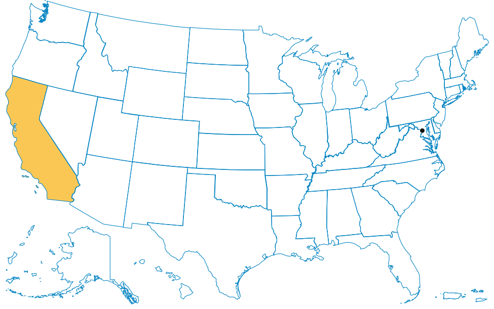 Map of the United States, with the state of California highlighted.