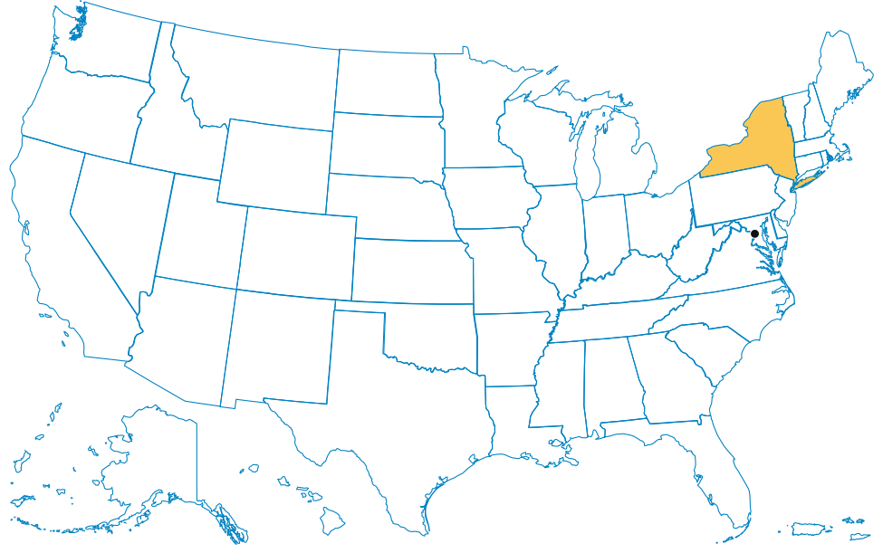Map of the United States, with the state of New York highlighted.