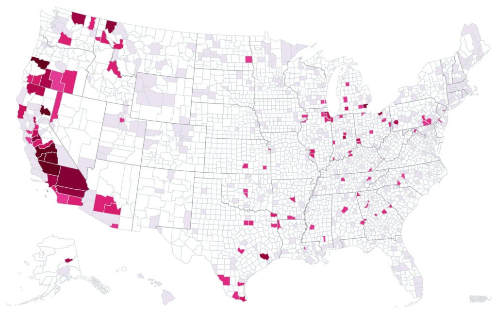 Map of soot air pollution by county in 2023. (Air Quality System Data / U.S. EPA)
