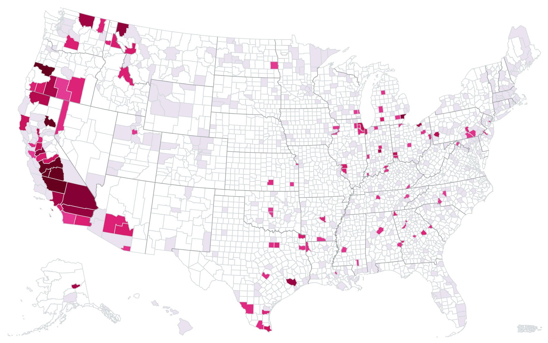 Map of soot air pollution by county in 2023.