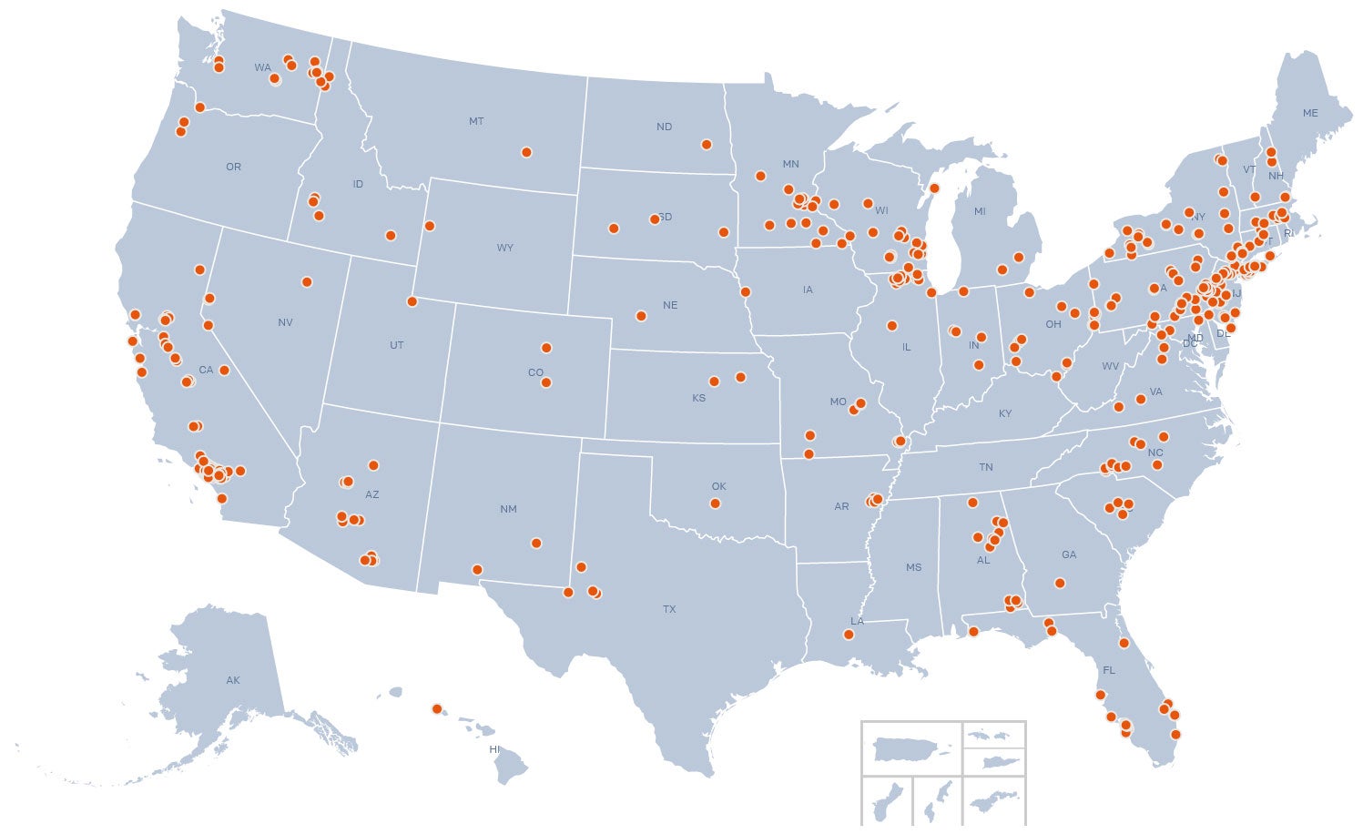 Map of the United States showing the hundreds of locations where trichloroethylene contamination has been found in drinking water supplies for public water systems.