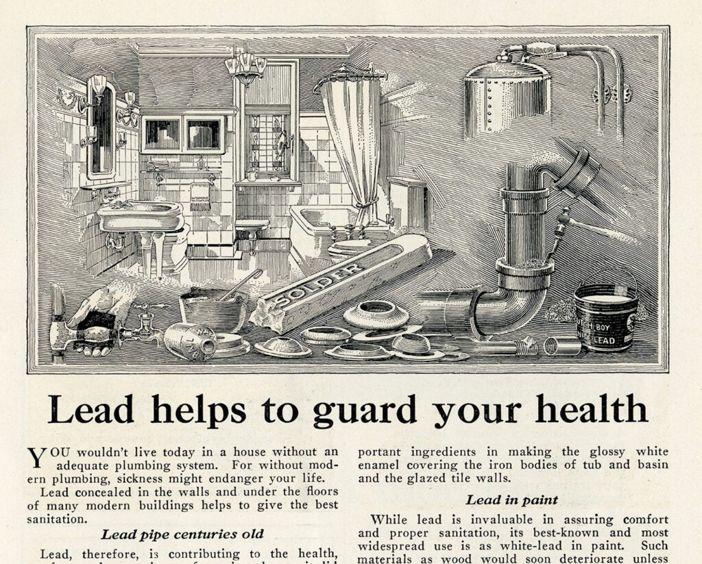 An illustrated pictures of all the ways lead is used in the home with the headline below reading "Lead helps to guard your health"