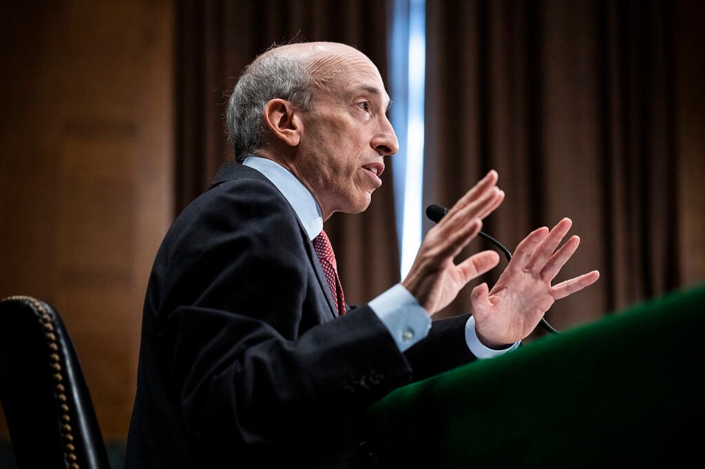 SEC Chairman Gary Gensler testifies during the Senate Banking, Housing, and Urban Affairs Committee hearing titled Oversight of the U.S. Securities and Exchange Commission in 2022. (Tom Williams / CQ-Roll Call, Inc via Getty Images)